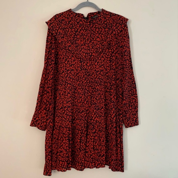 Zara Red Leopard Print Tiered Ruffle Bib Collar Babydoll Dress - Picture 2 of 4